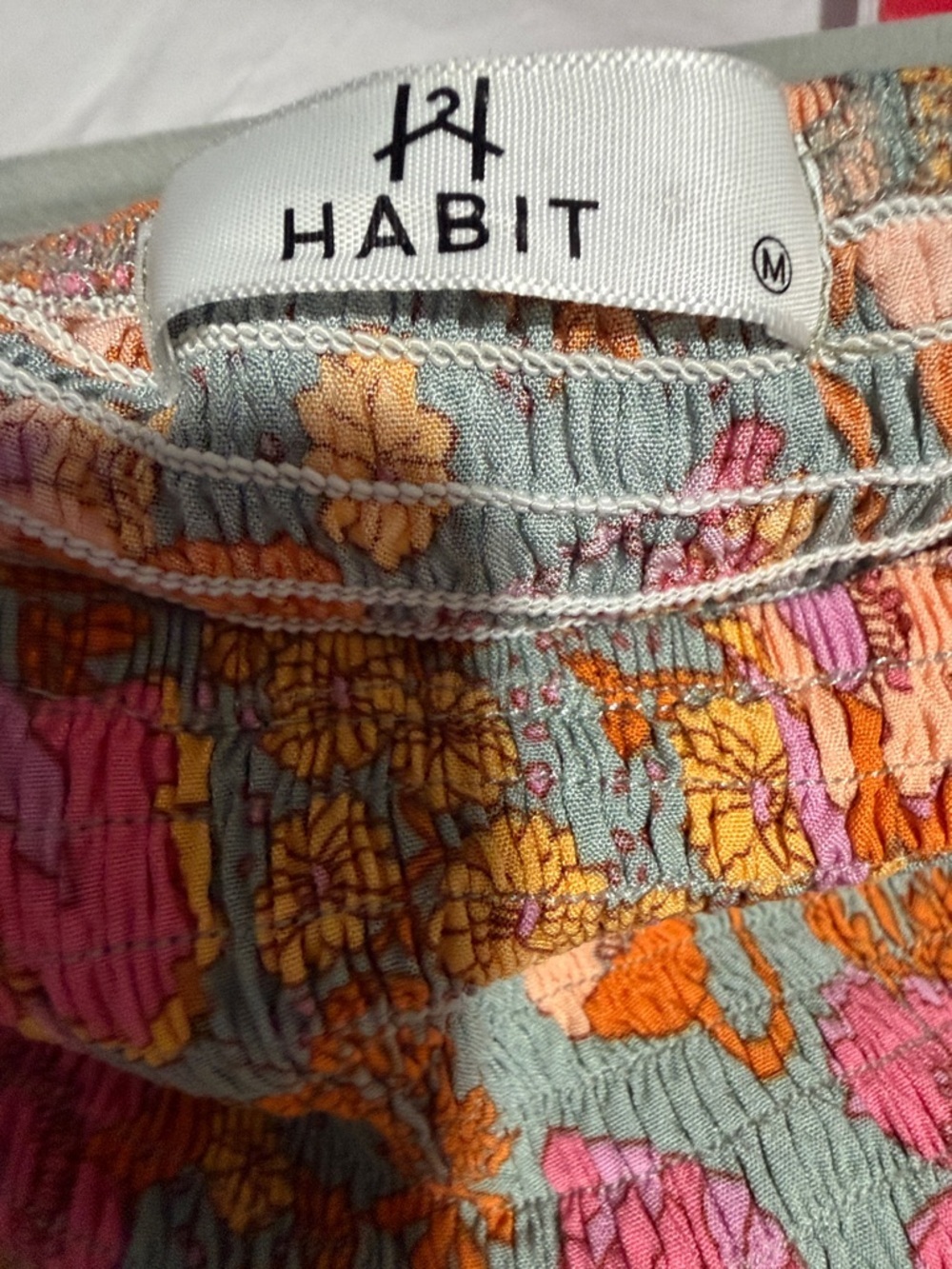 Habit Floral Boho Mini Dress Smocked Peasant Long Sleeve Pink Orange Size M - Picture 8 of 8
